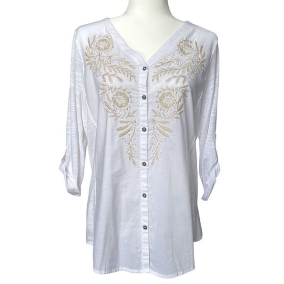 Sonoma Tops - Sonoma Womens Boho Embroidered White Button Down Top Long Sleeve Shirt Size L